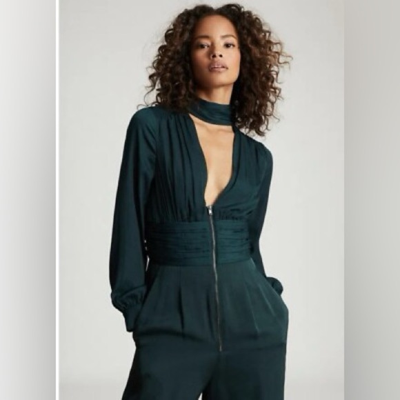 Reiss Kinley Plunge Tie Detail Green Jumpsuit - Picture 13 of 15